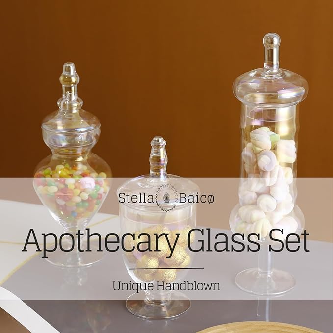 Stella Baic Set of 3 Iridescent Apothecary Jars with Lids, Glass Candy Jars for Candy Buffet, Decorative Jars for Display, Party and Wedding