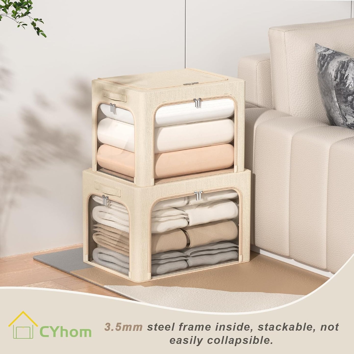 3 Openings Clothes Storage Bins Box - 3Pack Stackable Foldable Storage Bin - Metal Frame Storage Box Clothing Storage Organizer with Clear Window, Carry Handles (Beige, 100L-23.6x16.5x15.7in)