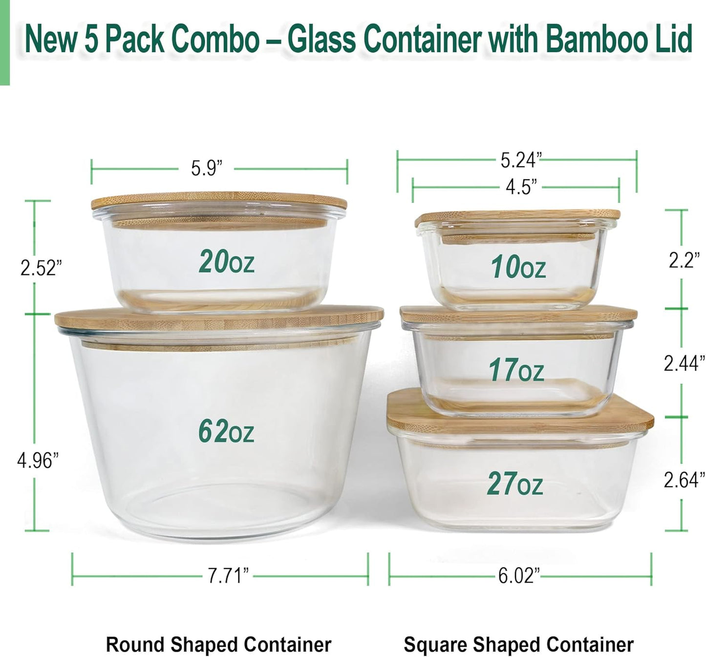 Glass Containers with Bamboo Lids for Food Storage and Meal Prep, Set of 5