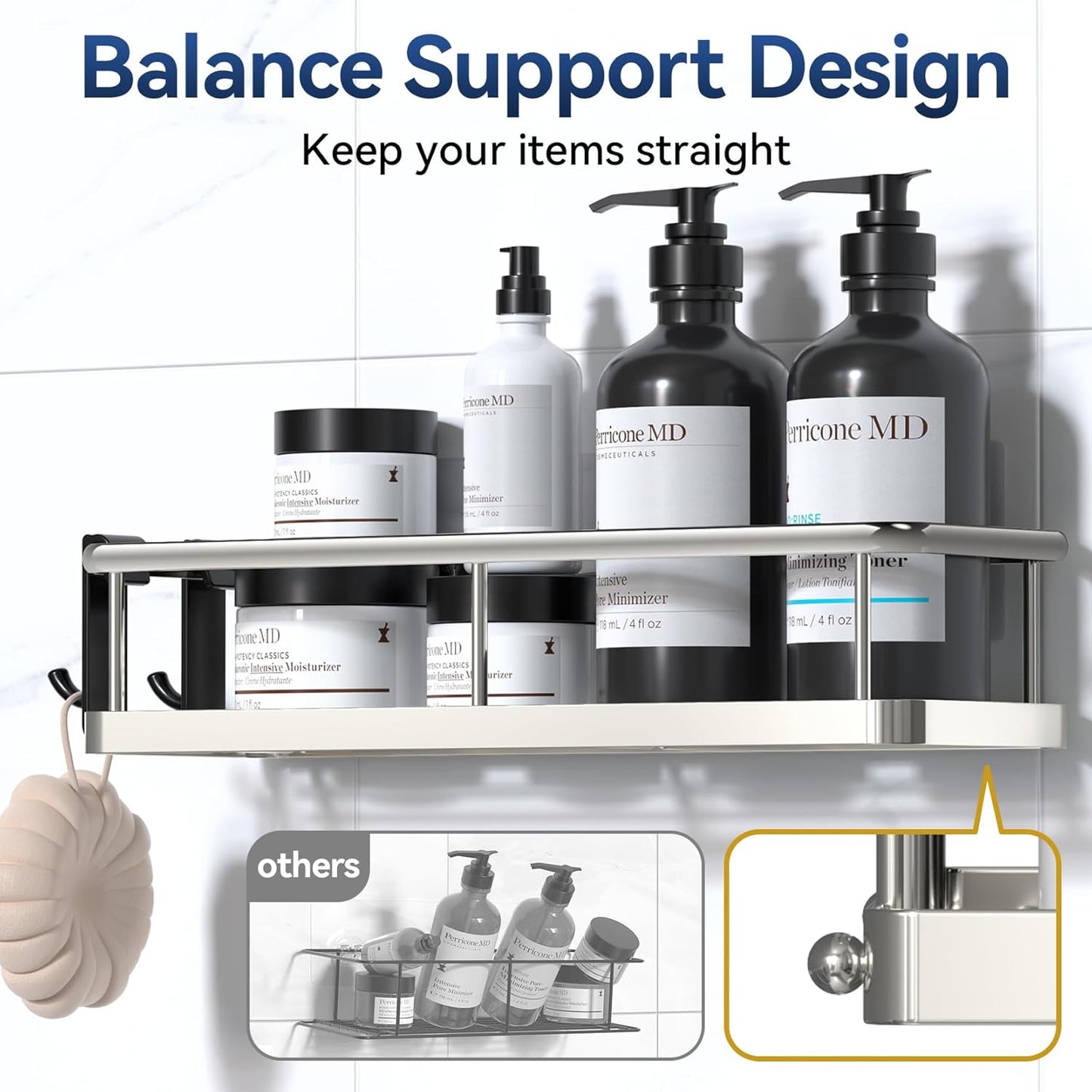 YASONIC Shower Caddy Adhesive, No Drill Bathroom Shower Organizers, with Removable Hooks, Rust Proof Shower Shelves, Wall-Mounted Shower Holder, 2 Pack Silver