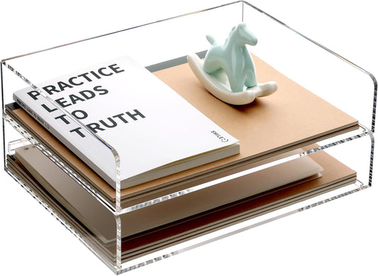 Paper Organizer, 2 Tier Stackable A4 Size Acrylic Letter Tray, Office/Home/School Organization - Clear