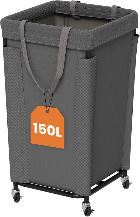 Laundry Basket with Wheels, Large Laundry Hamper with Removable Bag and Steel Frame, 160L Rolling Dirty Clothes Basket for Bedroom, Bathroom, Laundry Room (Gray)