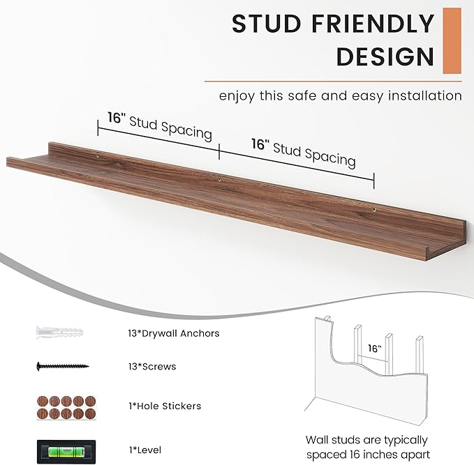 48 Inch Walnut Modern Wall-Mounted Wooden Picture Ledge Bookshelf Set of 4, Floating Shelves