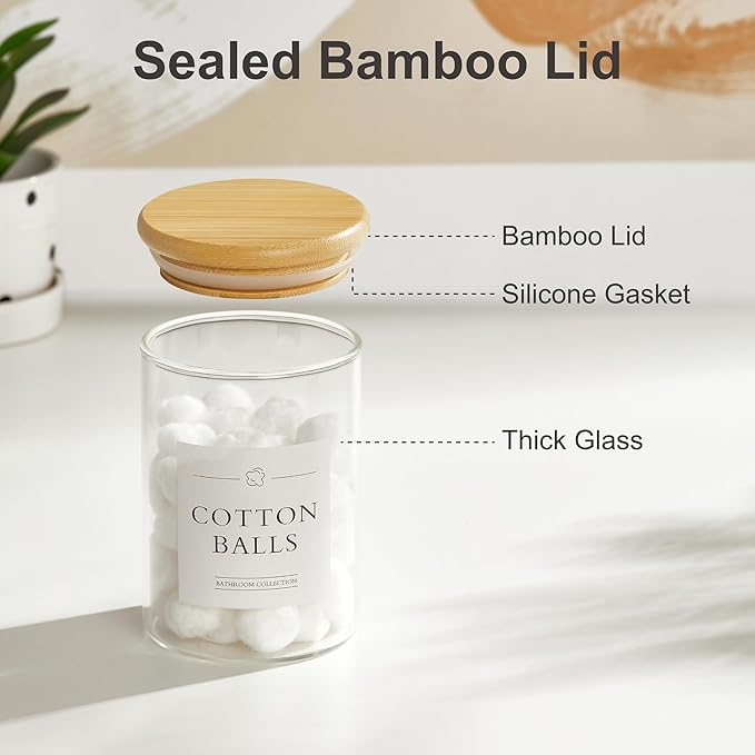 2 Pack Qtip Holder Dispenser - Glass Apothecary Jars with Lids, Cotton Ball Pad Swab Round Holder, Bamboo Bathroom Accessories, Bathroom Organizers Containers Jars Canisters with Lids
