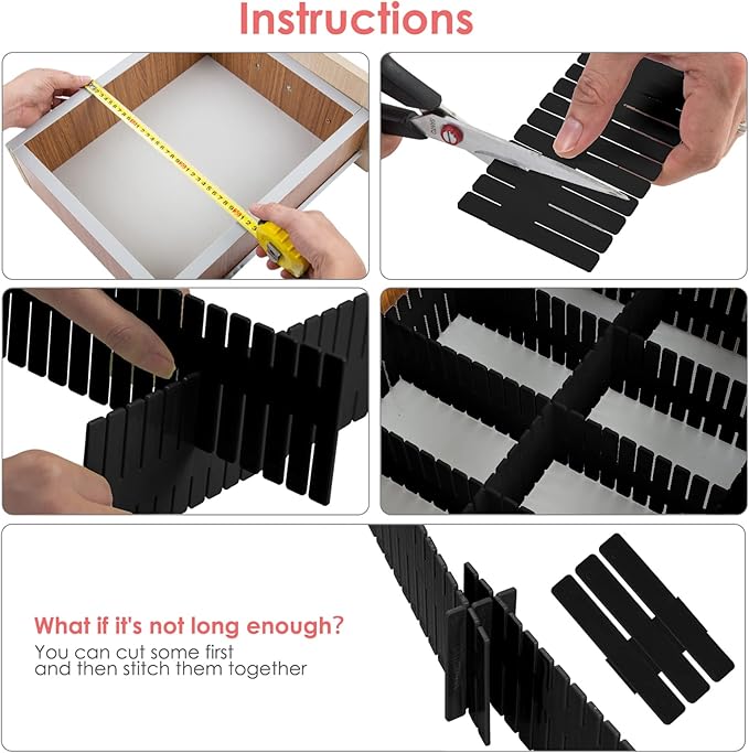 45 Pack Drawer Dividers, Plastic Adjustable Drawer Storage Organizer for Tidying Clutter Socks, Underwear, Makeup, Kitchen, Dresser Black
