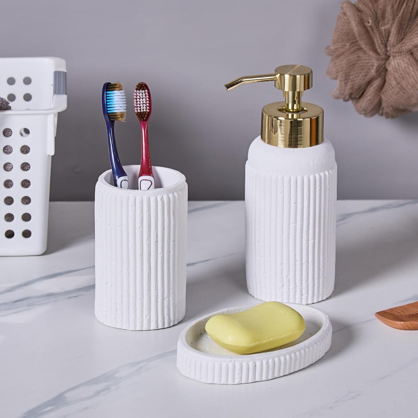 White Travertine Textures Bathroom Accessories Set 3 Pcs for Countertop - Toothbrush Holder Cup, Foaming Soap Dispenser, Soap Dish - Modern Resin Bathroom Décor Accessory Set for Housewarming Gift