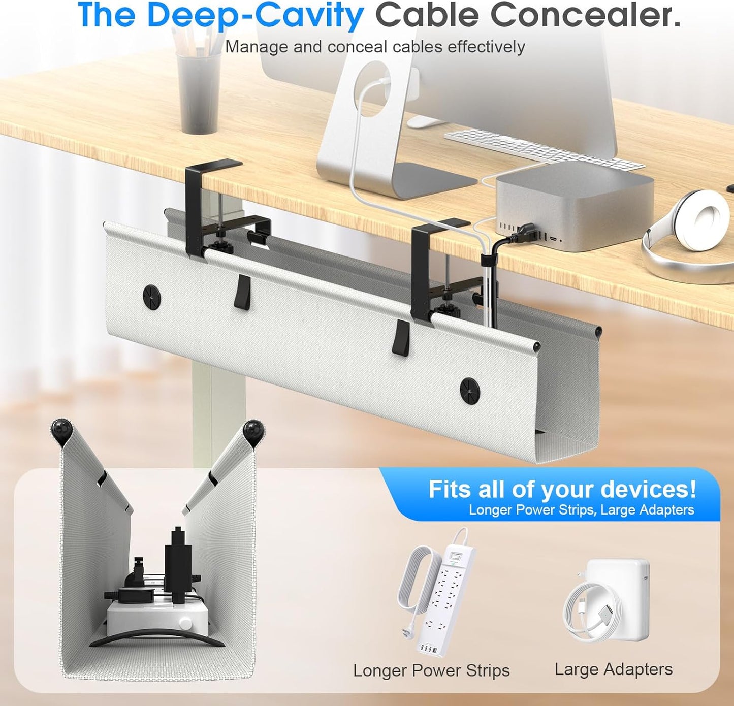 Under Desk Cable Management Tray, 30-inch No-Drill Cord Organizer with Anti-Sag Reinforced Base, Fabric Wire Management Hider for Standing Desk, Office & Gaming Accessories - Grey