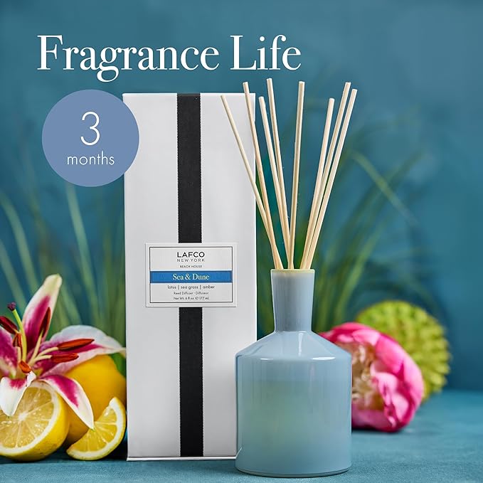 LAFCO New York Classic Reed Diffuser, Sea & Dune - 6 oz - Up to 3 Months Fragrance Life - Reusable Glass Vessel - Natural Wood Reeds - Made in The USA