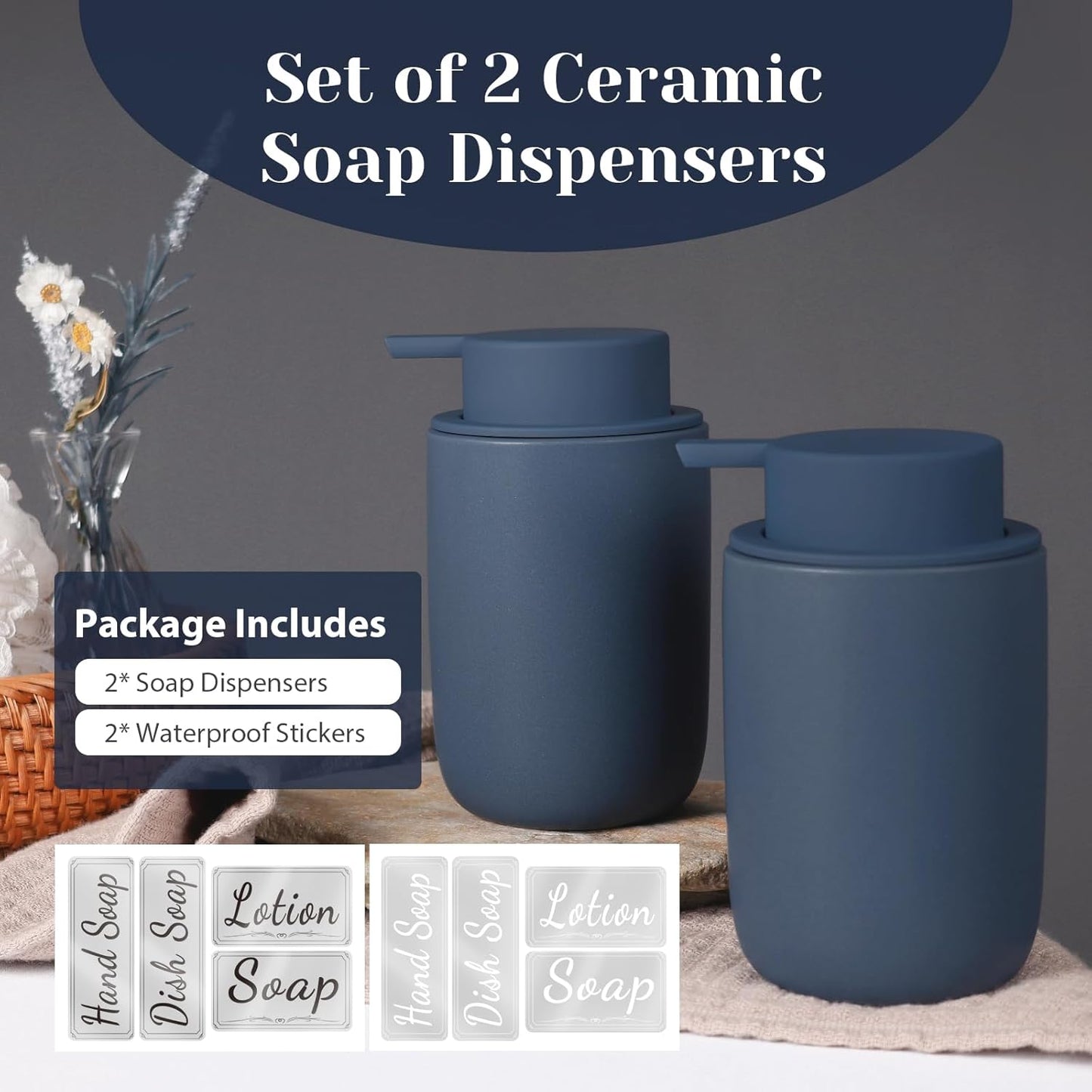 INGOFIN Ceramic Soap Dispenser Set, 2 Pack (12 oz) Bathroom Hand Soap Dispenser with Pump, Liquid Hand and Dish Dispenser Set with 8 Pcs Clear Stickers, for Kitchen -Matte Blue