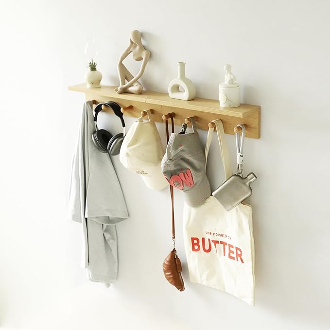 Wall Mount Coat Rack with Shelf, Sturdy Wooden Floating Shelf withHooks Save Your Indoor Space, Wall Organizer siutable for Entryway, Mudroom,Kitchen, Bathroom, etc(Oak Finish)