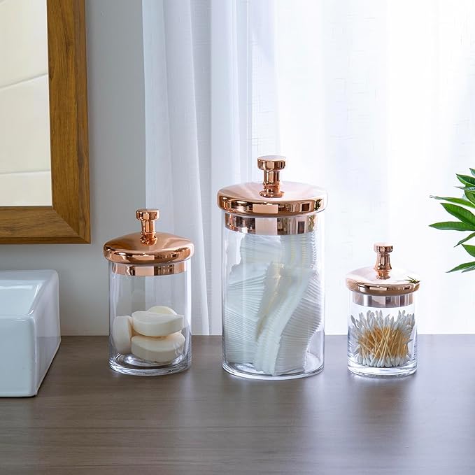 MyGift Glass Apothecary Cookie Jar Set with Copper Lid - Decorative Kitchen and Bath Storage Canisters, Wedding Centerpiece Jars, Candy Buffet with Lids