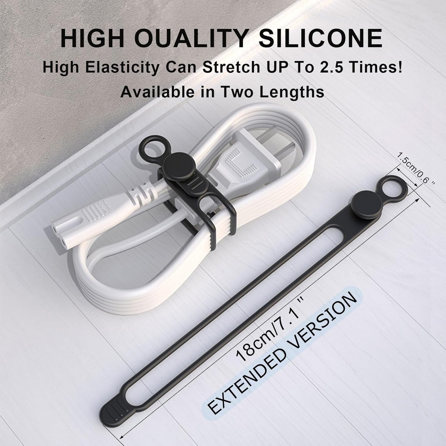 Silicone Cable Straps, 10pcs Extra-Long Reusable Hanging Organizer for Cables, Kitchen, Home, School (Black & White)