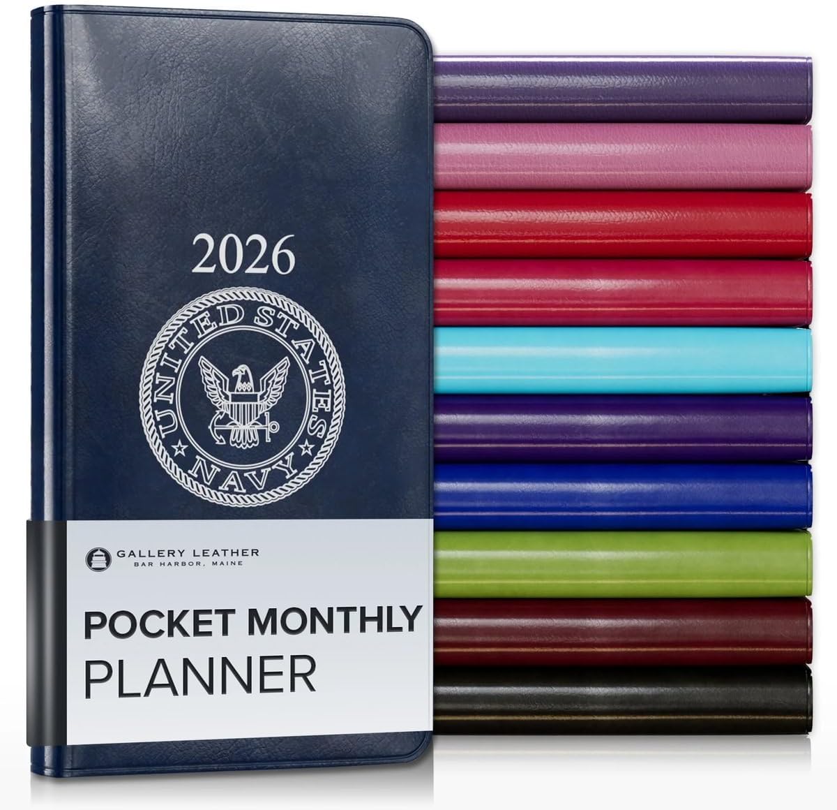 Gallery Leather Pocket Monthly Planner 2025-2026, Elegantly Bound Calendar Planner and Notebook with Stylish Gold-Gilded Page Edges, 18 Months - Acadia Navy - US Navy - 6x3.25"