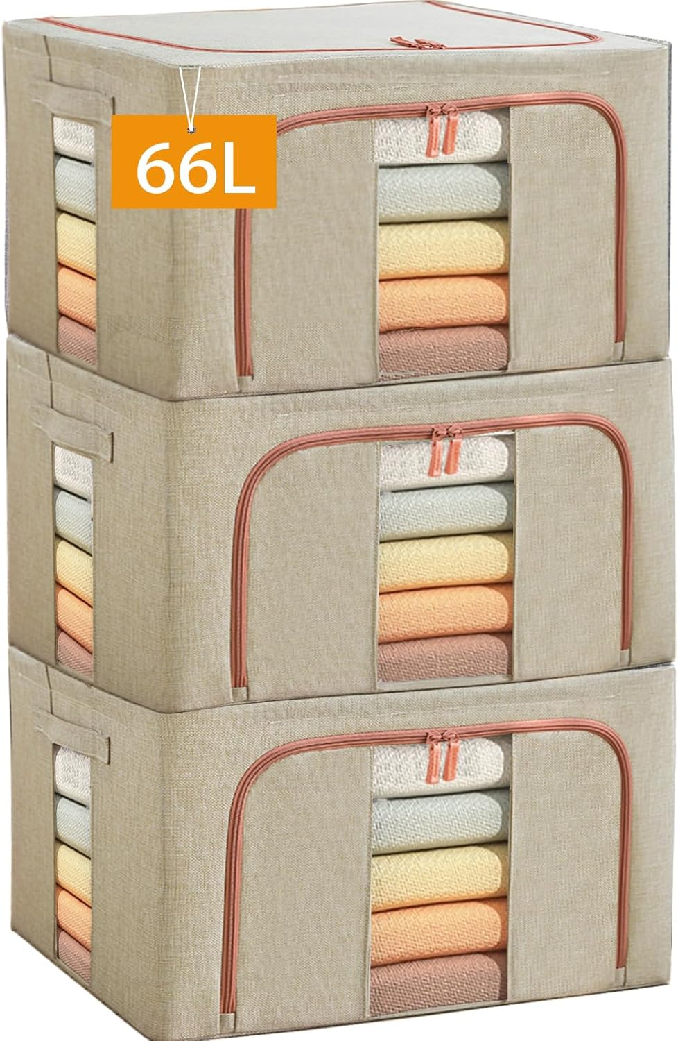 Large Storage Bags,Stackable Clothes Storage Bins with Hold Shape Metal Frame,Foldable Closet Organizer Containers with Zipper,Clear Window,Thick Fabric for Seasonal Clothing,Bedding (3 Pack, 66L)