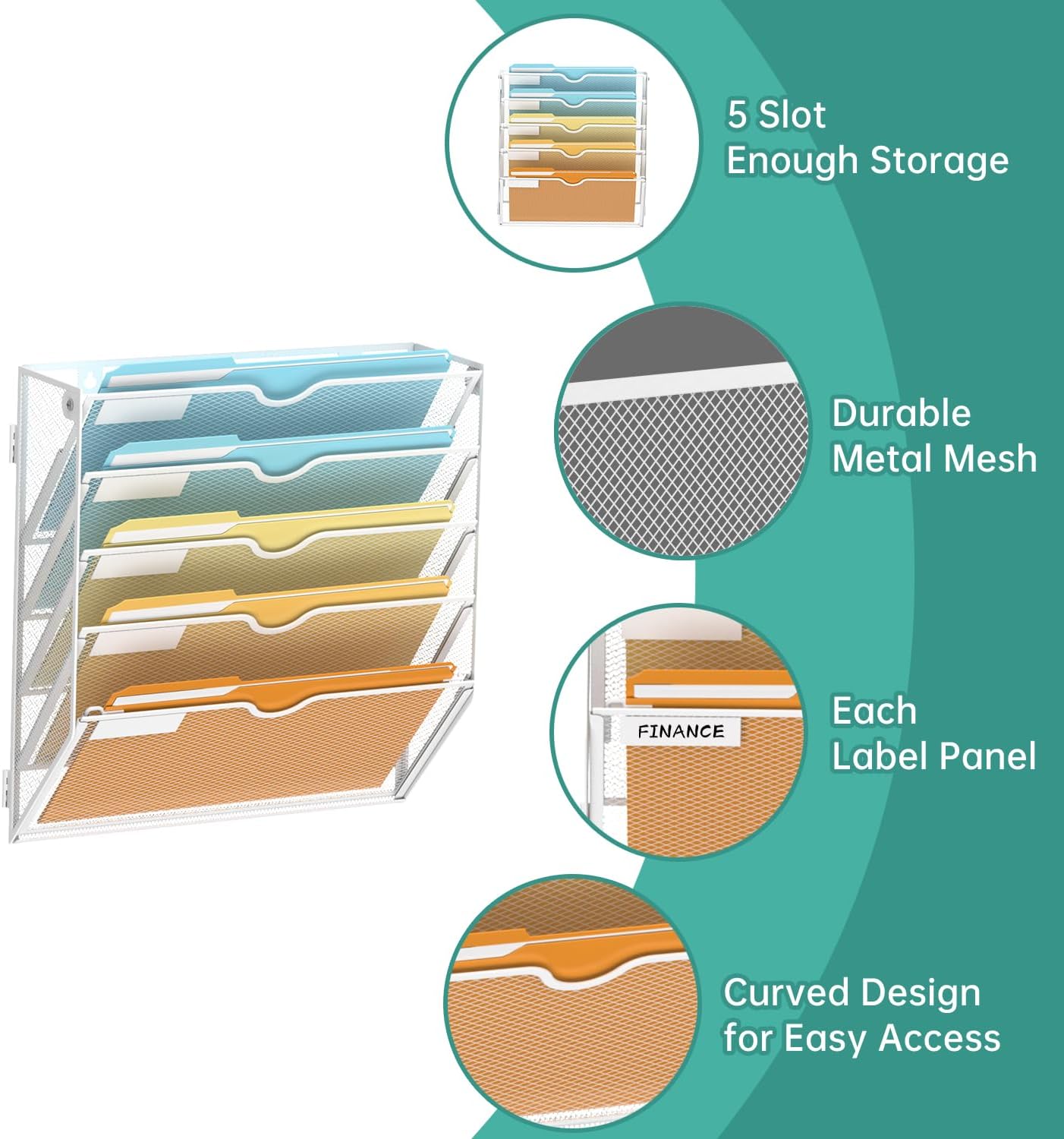 SUPEASY 5-Tier Wall File Organizer Mesh Office Mail Holder, Hanging Wall Organizer Magazine Rack for Office White