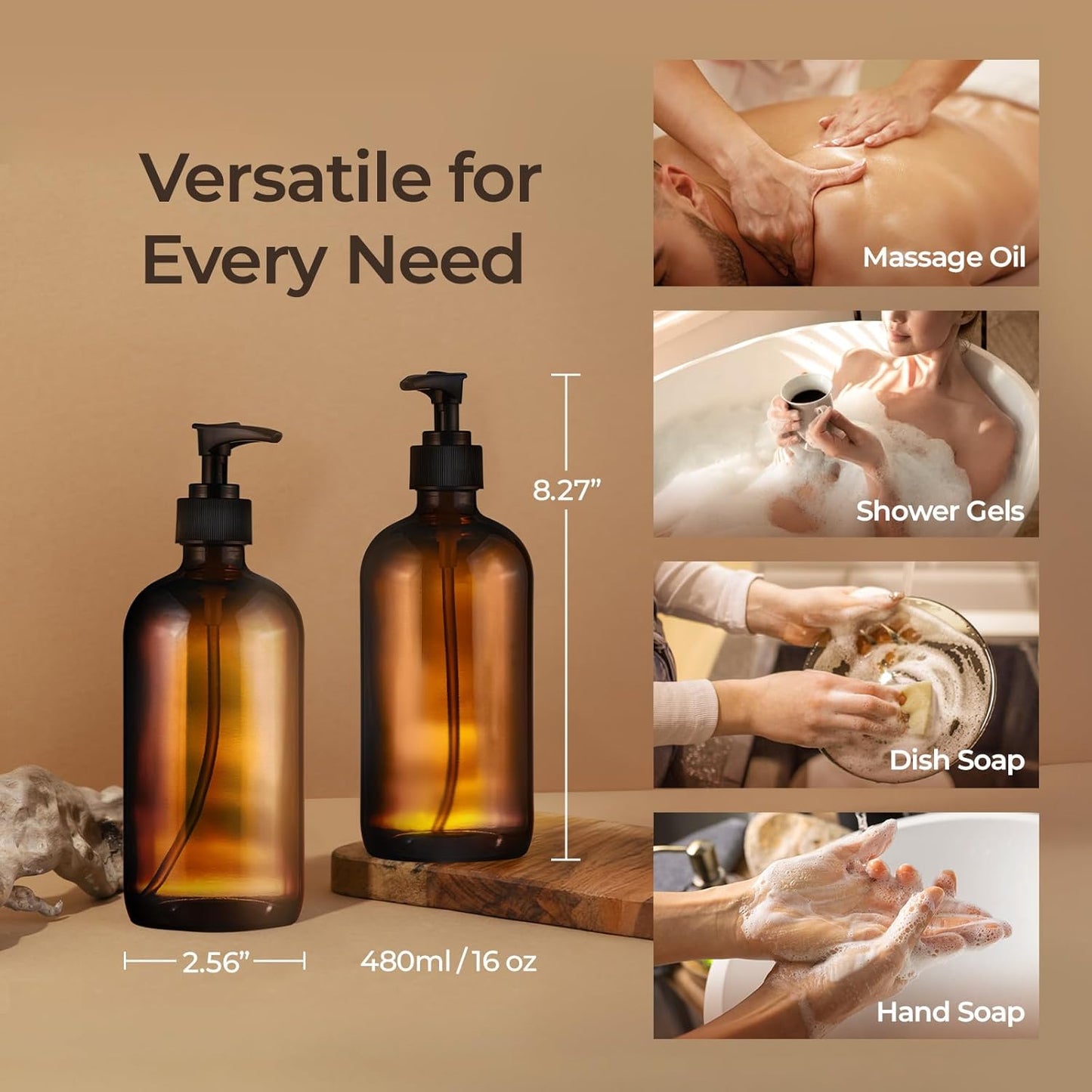 SOUL ONE 16oz Amber Glass Hand Soap Dispenser, 2 Pack - Thick Pump Bottles for Bathroom, Kitchen, Countertop - Refillable Brown Bottles for Shampoo, Conditioner, Lotion, Oil, Liquid, Set of 2