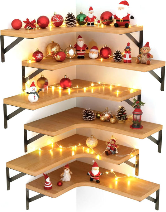 LEOPO Corner Floating Shelves Wall Mounted Set of 6, Corner Wall Shelves Rustic Wood Storage Display for Home Decor, Bedroom, Living Room, Kitchen, Office, Bathroom, Laundry Room, Reddish Brown