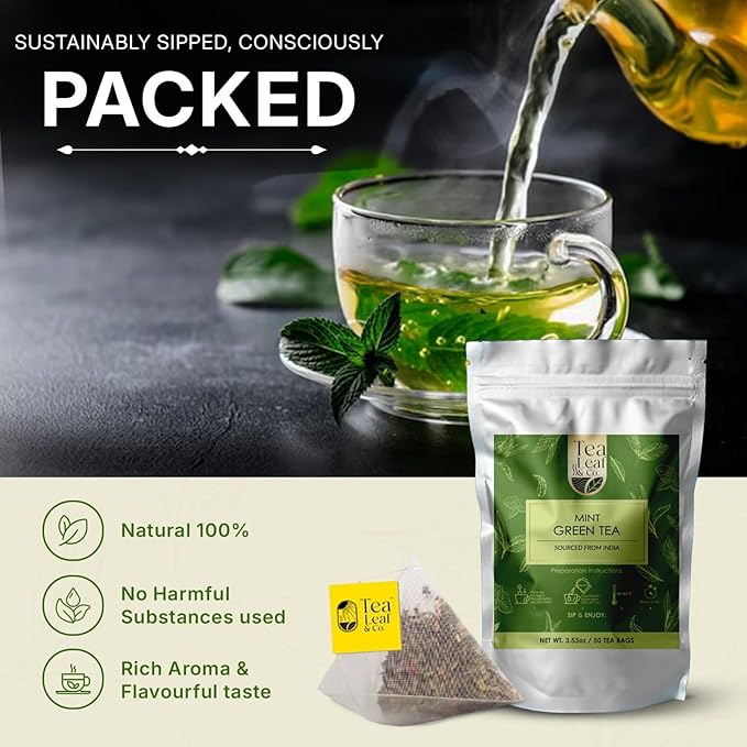 Tea Leaf & Co. Mint Green Tea Bags (50), Green Tea w/ Peppermint & Spearmint, Caffeinated, Real & Natural Green Tea, Blended with Fresh Herbs & Spices