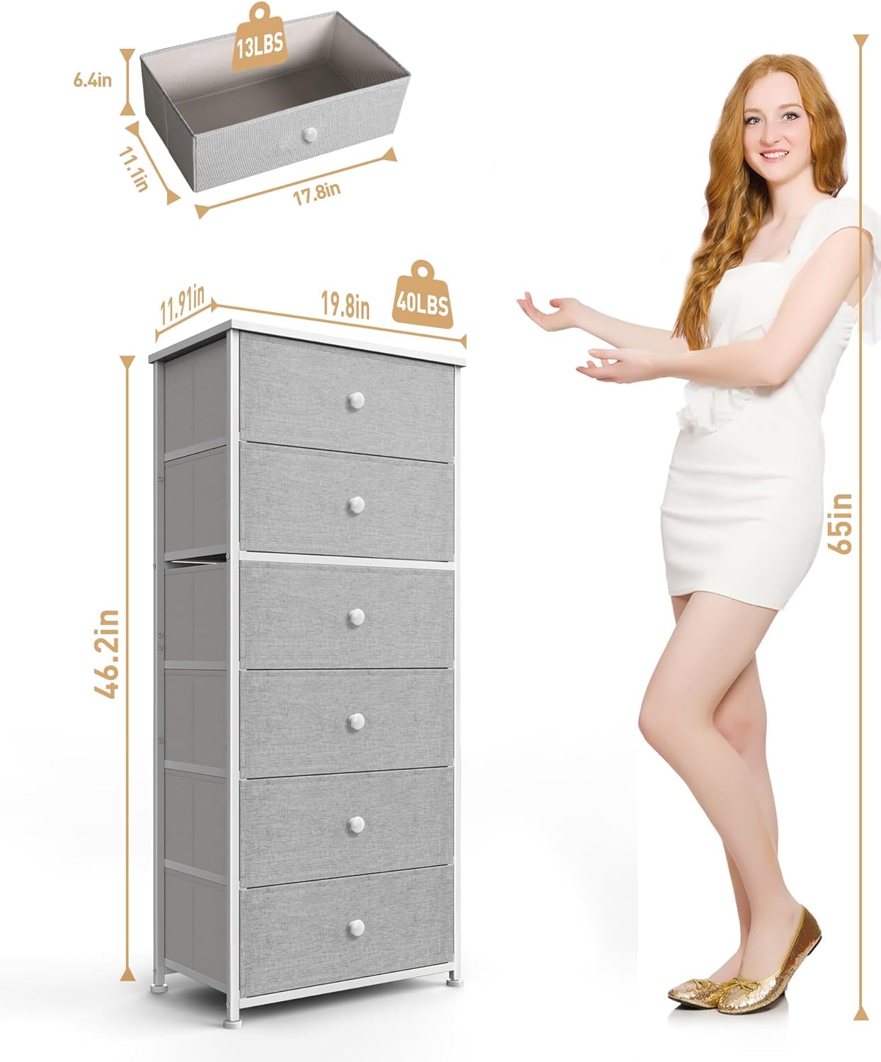 Tall Fabric Dresser for Bedroom, Vertical Storage Organizer Tower with 6 Drawers, Chest of Drawers with Bins, Steel Frame, Wood Top for Bedroom, Closet, Entryway Light Grey