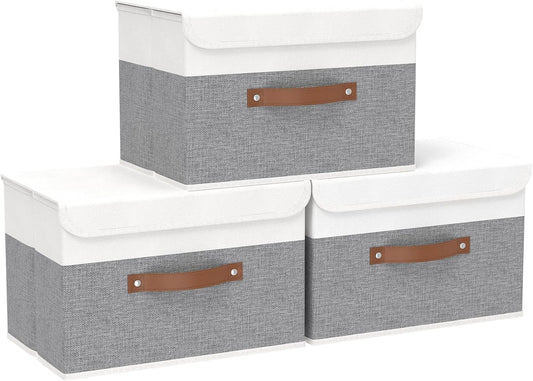 Yawinhe Storage Bins with Lids, Fabric Foldable Boxes, Washable and Leather Handle, Cube Organizer Basket for Home, Closet, White/Grey, 17.7''Lx11.8''Wx11.8''H, 3-Pack, USNK024WGX-3