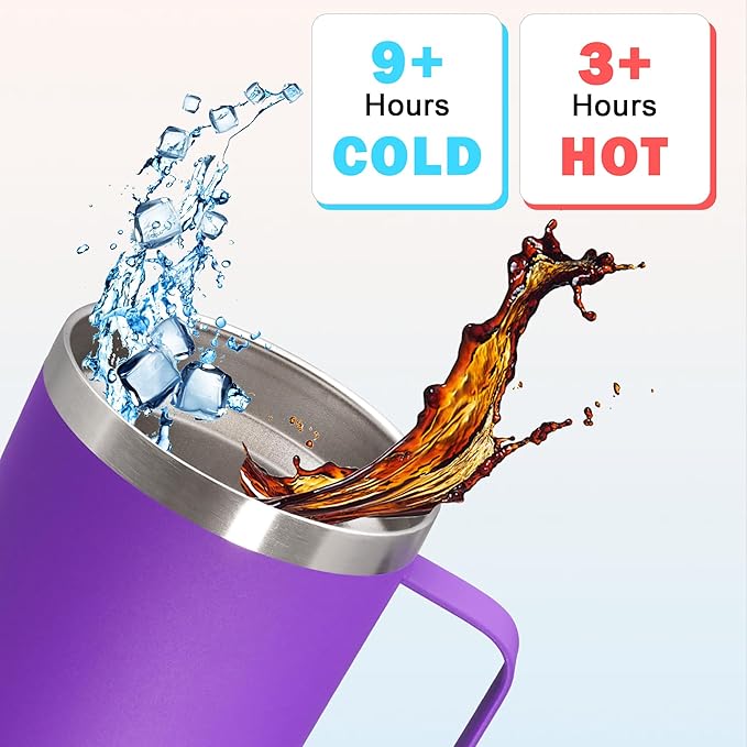20 oz Tumbler with Handle and Lid, Stainless Steel Tumbler Insulated Travel Coffee Mug, Spill Proof Double Wall Vacuum Tumbler Cup Keep Drink Hot & Cold, Purple, 1 Pack