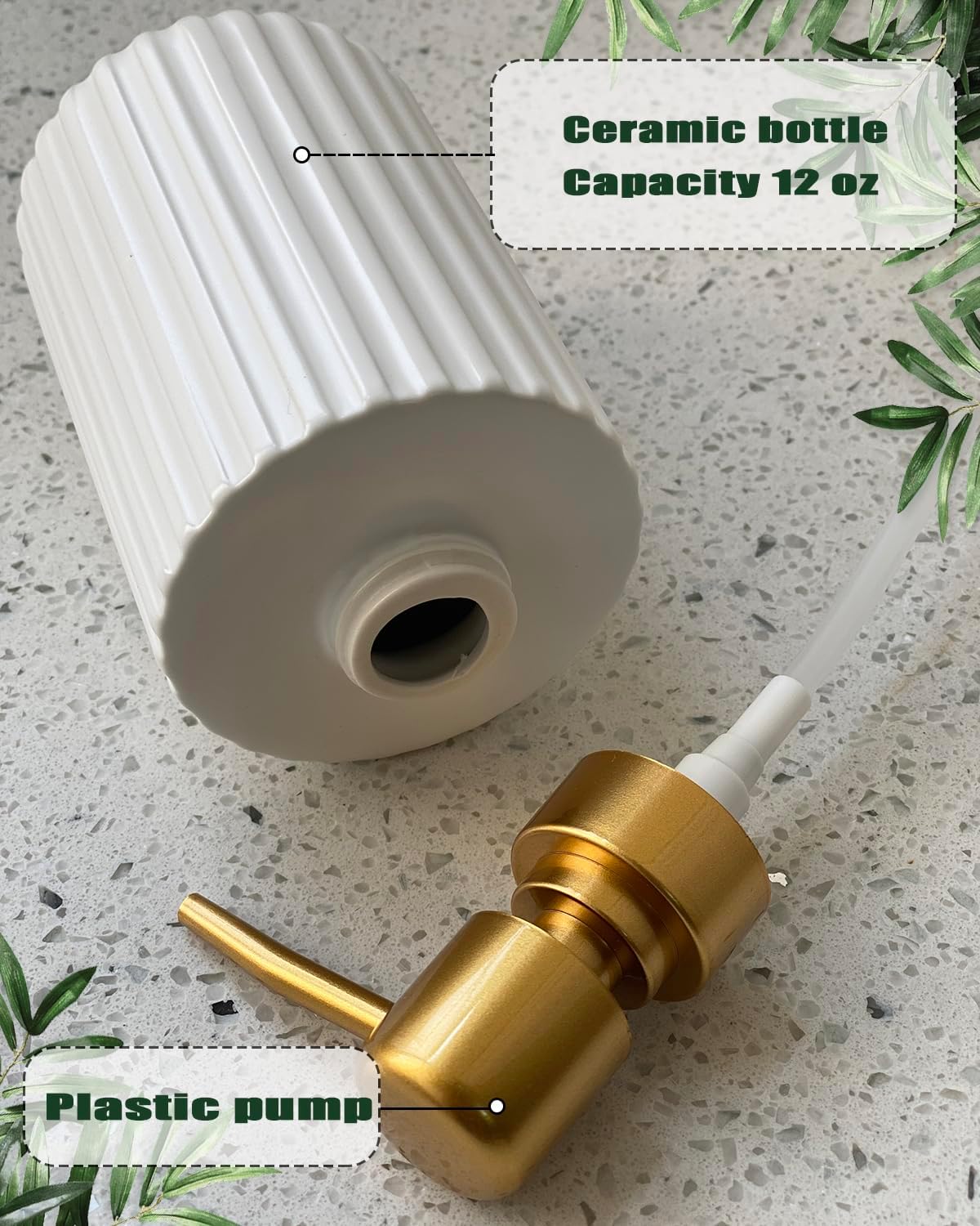 Soap Dispenser for Bathroom,12 Oz Liquid Soap Dispenser for Kitchen,Ceramic Hand Soap Dispenser with Plastic Pump,Simple Style Soap Dispenser (Gold and White Cylindrical Soap Dispenser)