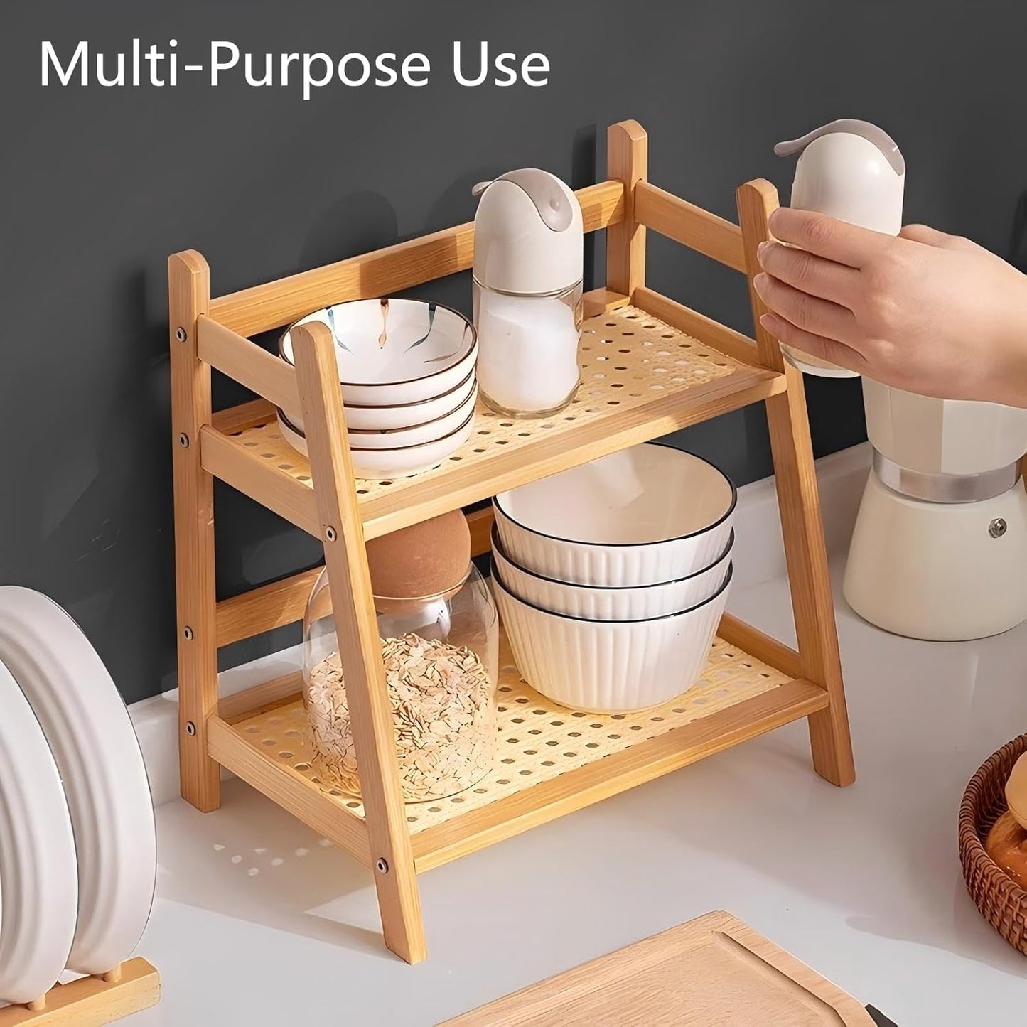 2 Tier Coffee Bar Station Organizer & Bamboo Mug Holder – Countertop Tea and Coffee Bar Accessories Stand, Matcha Display Shelf with Condiment Storage Rack, Cup Organizer for Kitchen Counter (Small)