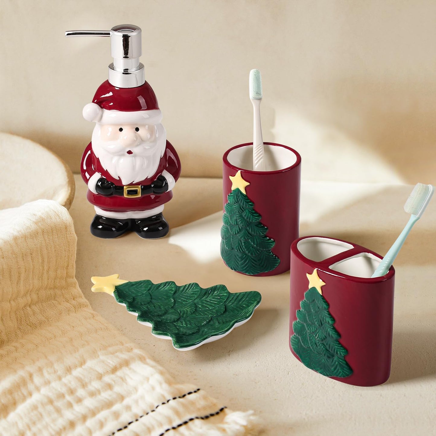 Merry Christmas Bathroom Accessories Set 4 Pieces Toothbrush Holder Soap Dispenser Ceramic Bathroom Accessory Set Contain Toothbrush Cup Soap Dish Tumbler