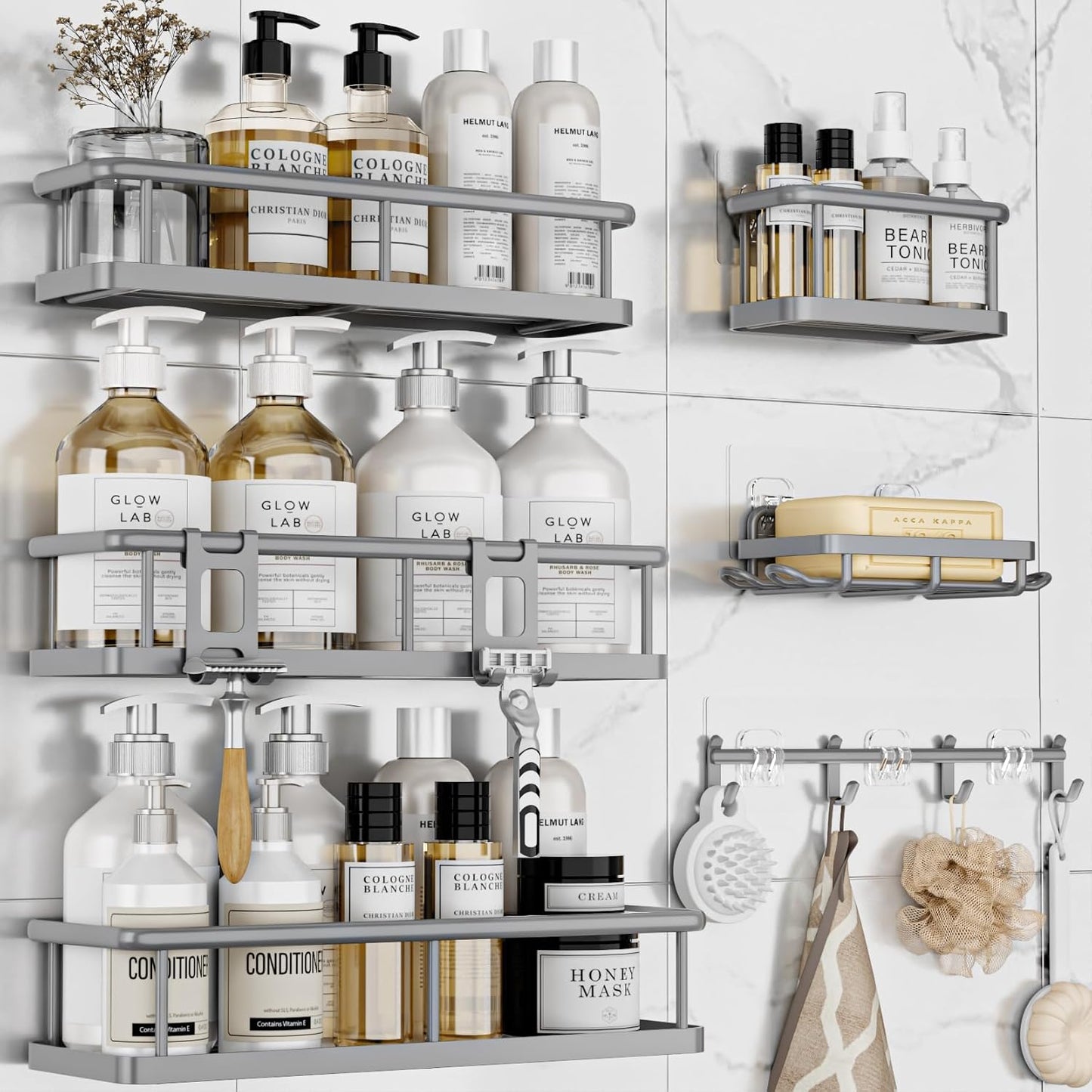 YASONIC Shower Caddy, 6 Pack Large Capacity shower Organizer with Soap Holder and 12 Hooks, Rustproof Shower Shelves for Inside Shower, No Drilling&Sleek Bathroom Organizers and Storage Grey