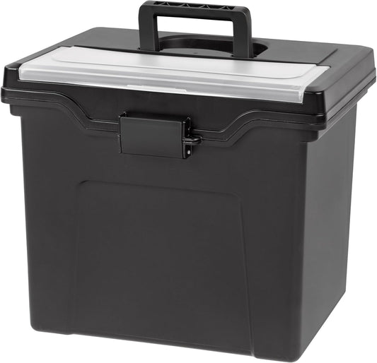 IRIS USA File Box with Lid File Organizer for Letter File w/Organizer-Lid, Plastic Mobile Filing Organizer, Water Resistant Document Box, Portable File Box with Handle, Secure Buckle, Lockable, Black