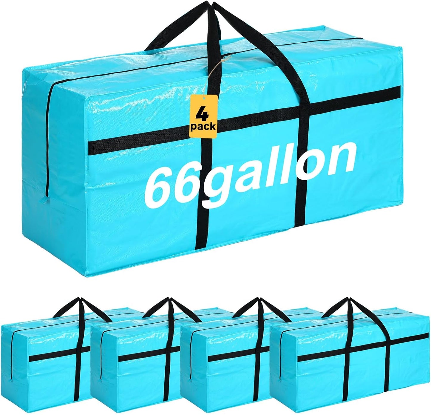 4 Pcs 66 Gallon Large Moving Bags with Zipper and Handles Foldable Storage Duffle Bags Heavy Duty Extra Large Totes for College Dorm Travel Clothes Blankets Bedding Moving(Lake Blue)