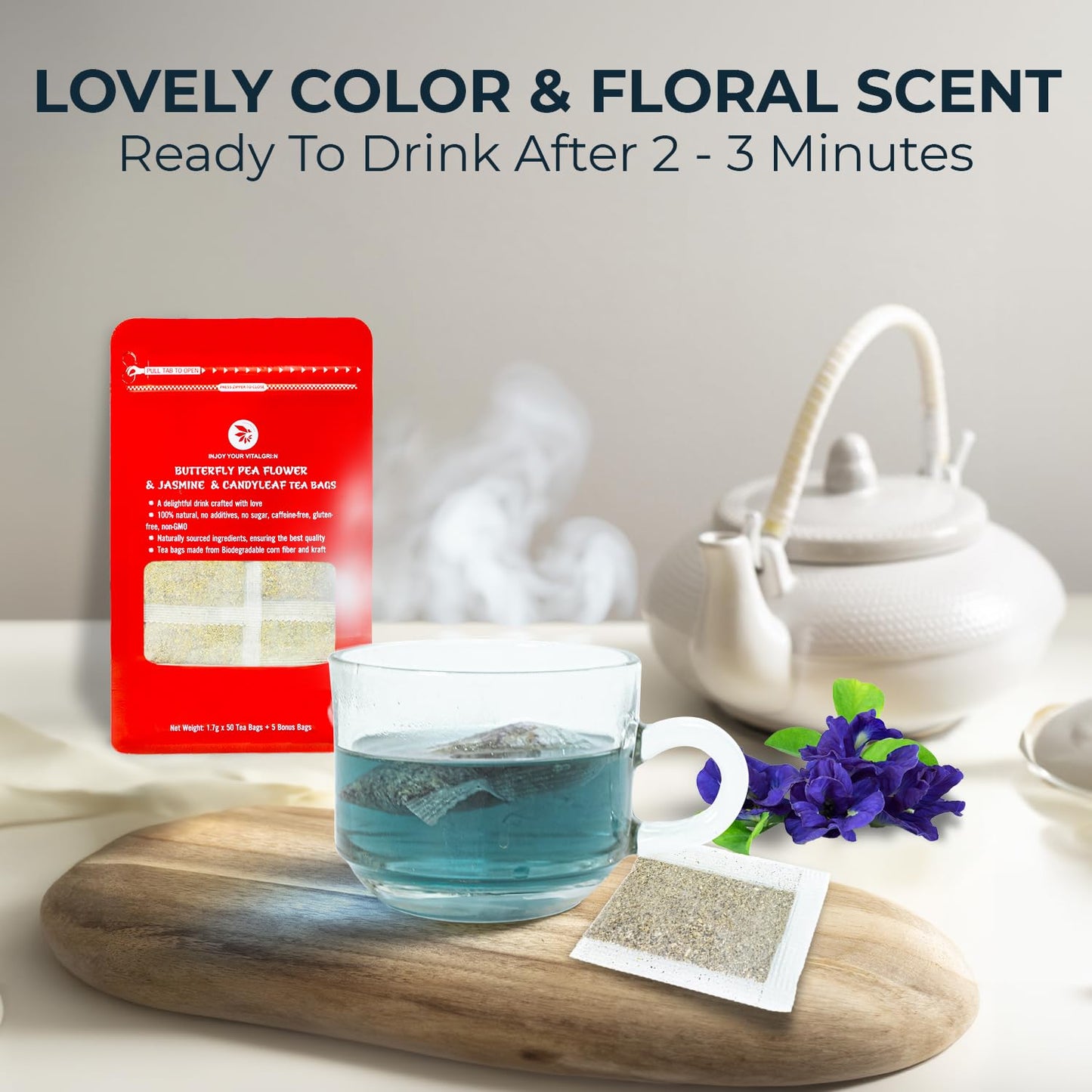 Butterfly Pea Flower Tea with Jasmine & Stevia - 55 Count (+5 Tea Bags) - 4.44 oz, Bamboo Tong, No Sugar Added & No Additives, Re-Steep Natural Herbal Tea Blend for Skin,Support