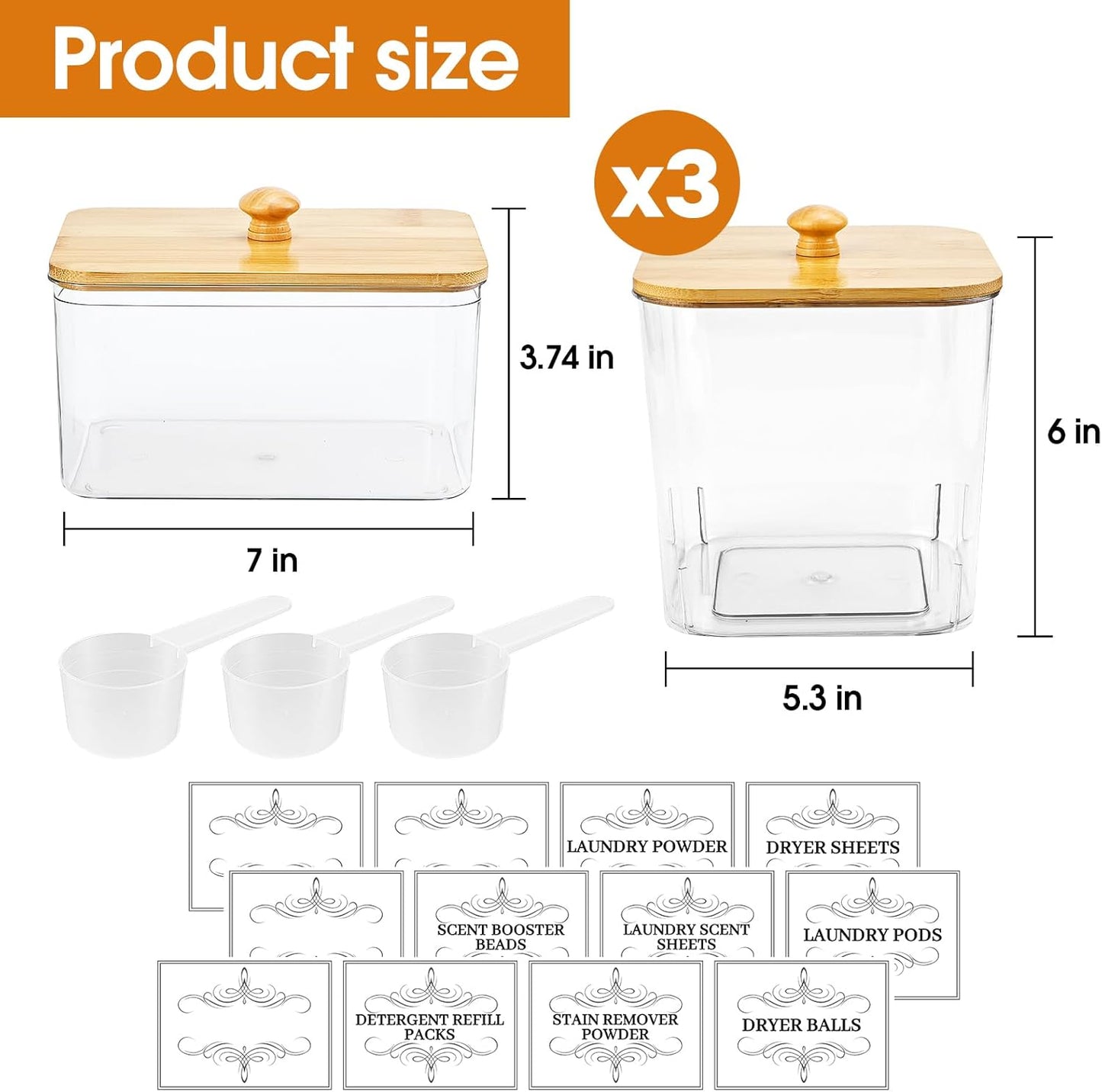 4PCS Laundry Pods Container, Clear Laundry Room Organization and Storage with Bamboo Lids, 3 Premium Scoops & Labels – Ideal for Scent Booster Beads, Dryer Balls, Sheets & Powder (6'')