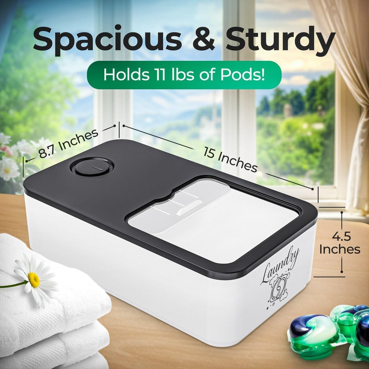 Skywin Laundry Pod Container with Slide Lid, 15 x 8.7 x 4.5 In, Holds 11 Pounds OR 120-150 Pods, Black with Print
