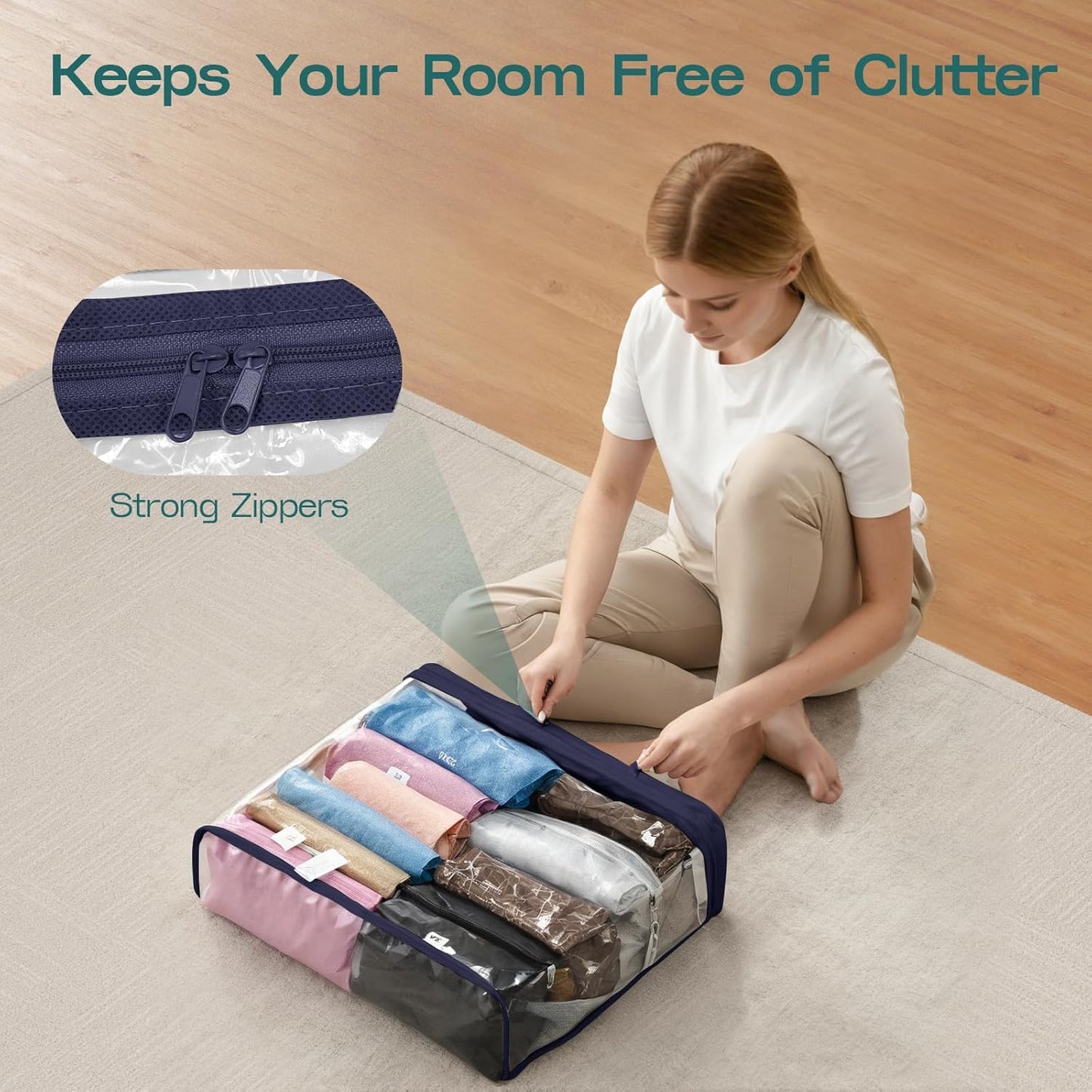 5 Pack Clear Storage Bags for Clothes, 22L Blanket Storage Bags, Under Bed Storage, Closet Organizers Bag, Upgraded Version Two-Way Zippers Design(Navy Blue)