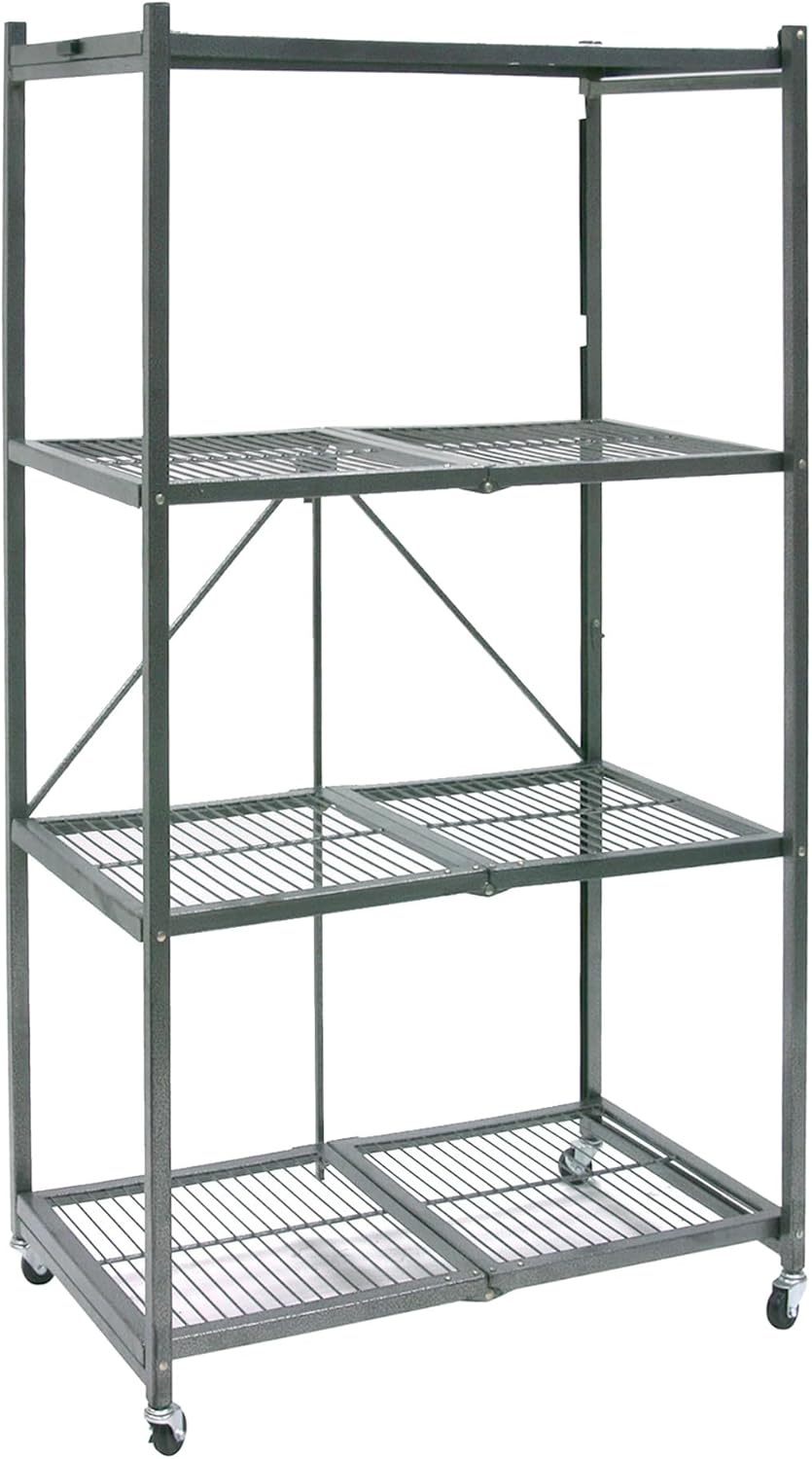 Origami 4-Pack R5 Storage Rack, 4-Tier Heavy-Duty Foldable Steel Shelf with Wheels, Gray