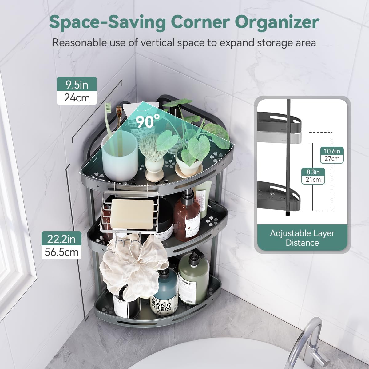 Corner Shower Caddy Standing, 3-Tier Rustproof Shower Organizer with Soap Holder, Aluminum Shower Shelf Stand for Bathroom Storage, Gray