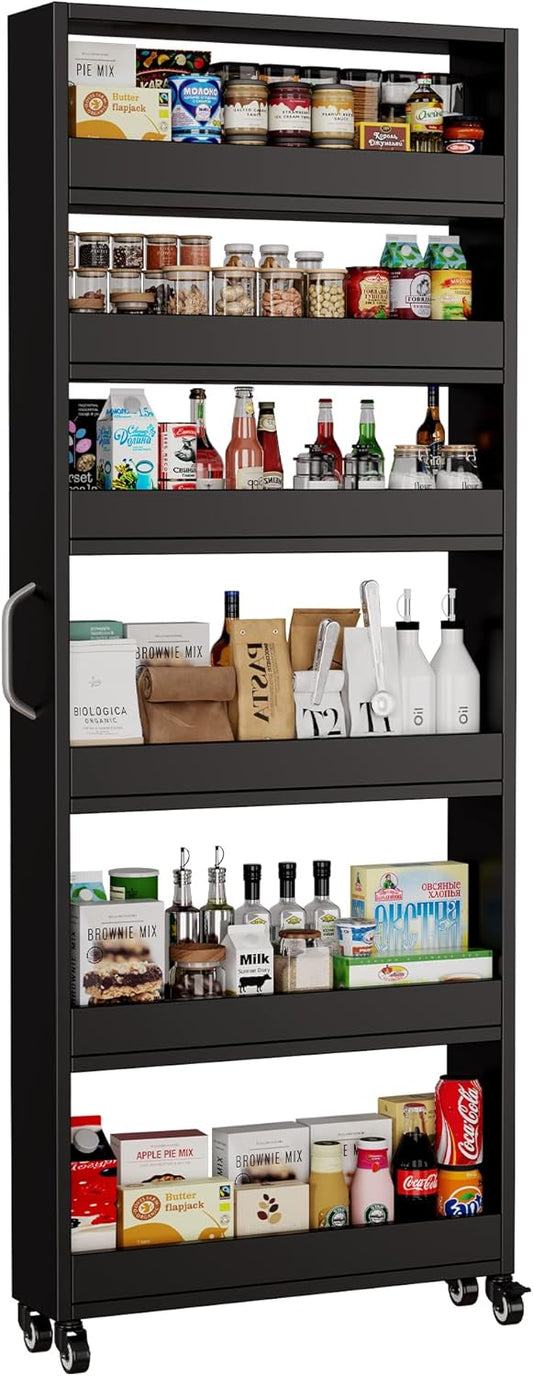 Slim Storage Cart, Lightweight 6 Tier Metal Rolling Utility Kitchen Cart on Weeels, Mobile Storage Shelving Unit Organizer for Bathroom Laundry Office Narrow Places (Black, 6" D)