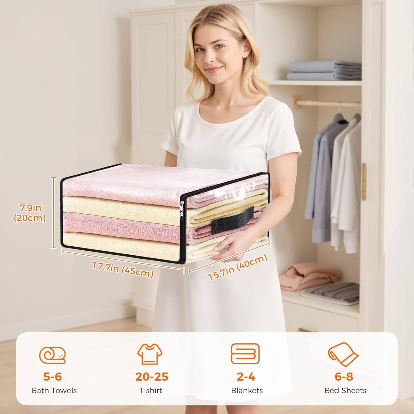 SpaceWhisper 4 Pack Clear Storage Bags, Plastic Blanket Storage Bags with Zipper and Handle, Moving Bags for Comforter, Bedding & Clothes, Closet Organizer and Under Bed Storage (17.7x15.7x7.9 Inch)