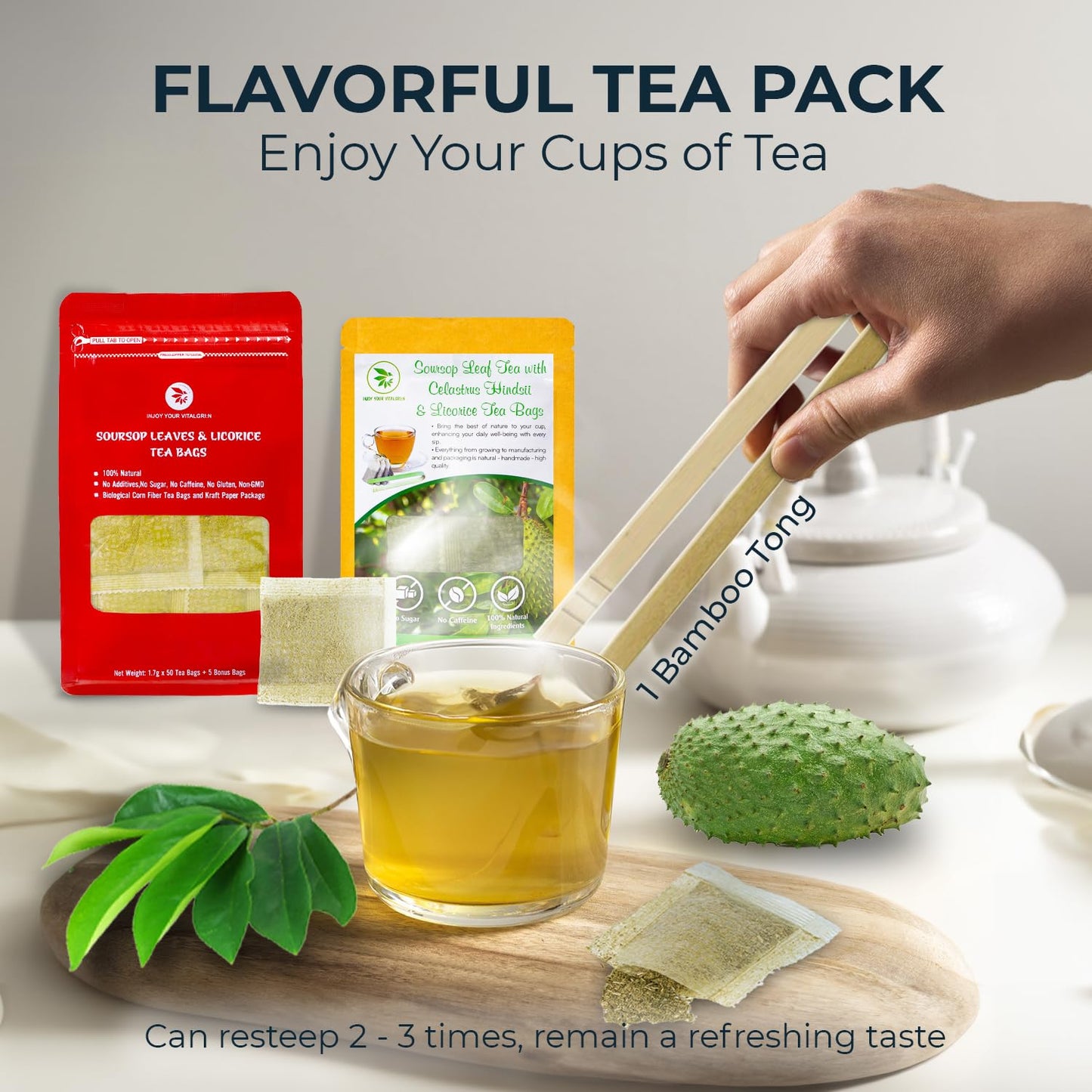 Graviola Soursop Leaf Tea Samplers with Celastrus Hindsii & Licorice - 10 Count + Bamboo Tong, Corn Based Tea Bags, Natural Herbal Tea for Comfort Relax, Re-Steep Hoja De Guanabana