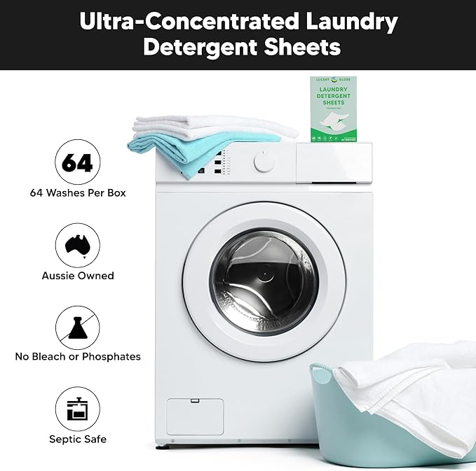Lucent Globe Laundry Detergent Sheets. Pre-Measured Laundry Sheets. Powerful Stain Removal. Works in All Clothes Washers. (1 Pack - 64 Washes, Fragrance Free)