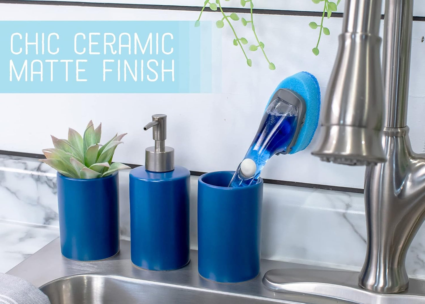 NAT & Jules Chic Modern Rounded 4.5 inch Ceramic Bathroom Accessories Set of 4 - Home Décor & Organization Perfect for Bath or Kitchen Household Essentials, Matte Blue