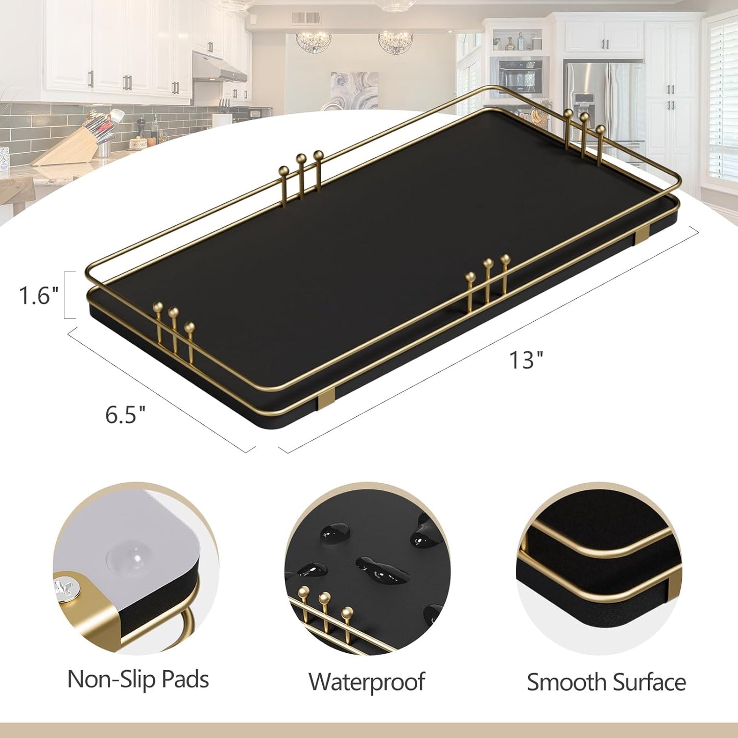 Toilet Paper Basket, Bathroom Basket for Counter Toiletries Towel Decor, Toilet Tank Tray, Guest Back of Toilet Organizer Storage, Vanity Tray for Perfume Makeup, Kitchen 13”x6.5” Black-Gold