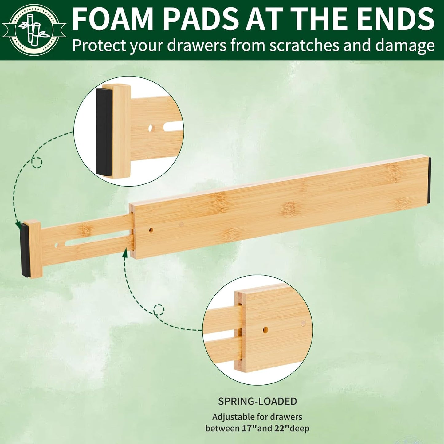 4 Pack Bamboo Drawer Dividers 2.6" High,17-22" Adjustable Spring Loaded Clothes Drawer Organizers for Kitchen, Dresser, Bathroom, Bedroom and Office