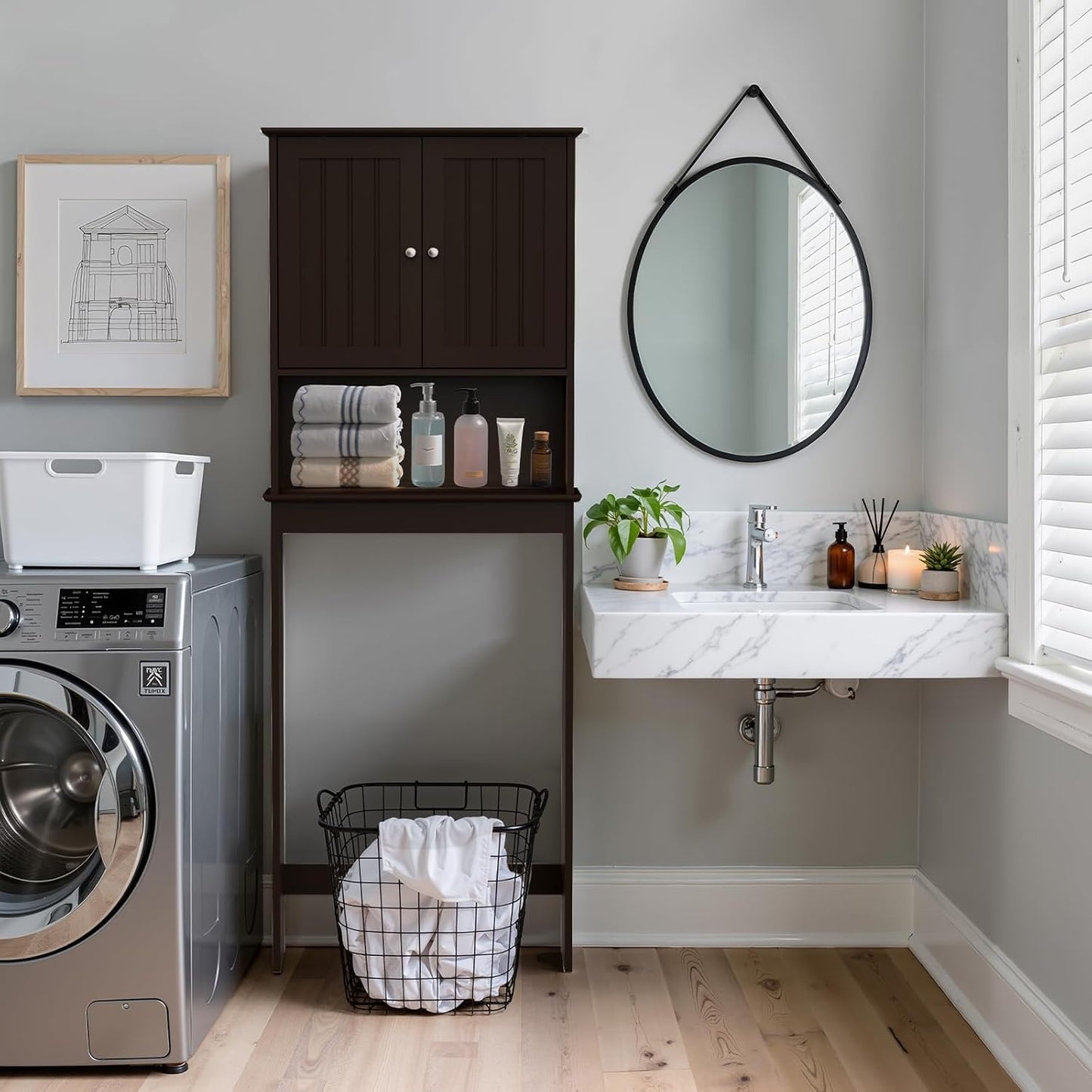 Over The Toilet Storage Cabinet, Behind Toilet Bathroom Organizer with Adjustable Shelves, Above Toilet Organizers with Barn Door, Space Saver for Restroom, Bathroom, Laundry