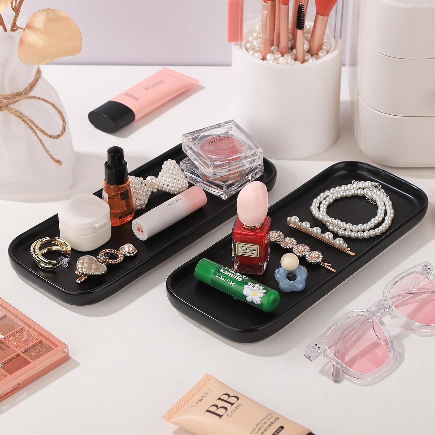 VanEnjoy Set of 2 Ceramic Tray for Kitchen Counter, Black Vanity Tray for Bathroom Counter, Long Narrow Tray for Soap Bottles