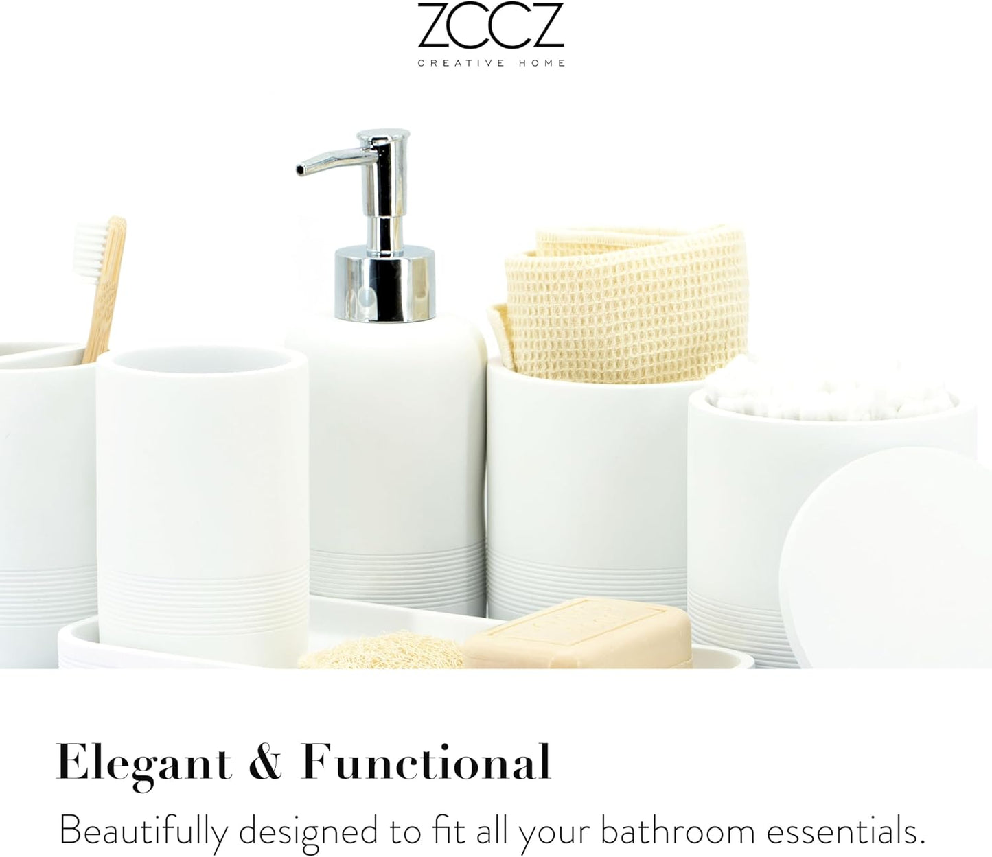 ZCCZ White Bathroom Accessories Set 6 Pieces - Toothbrush Holder, Lotion Dispenser, Qtip Container, Vanity Tray, Tumbler - Countertop Organizer for Bathrooms - Elegant and Functional Décor Set