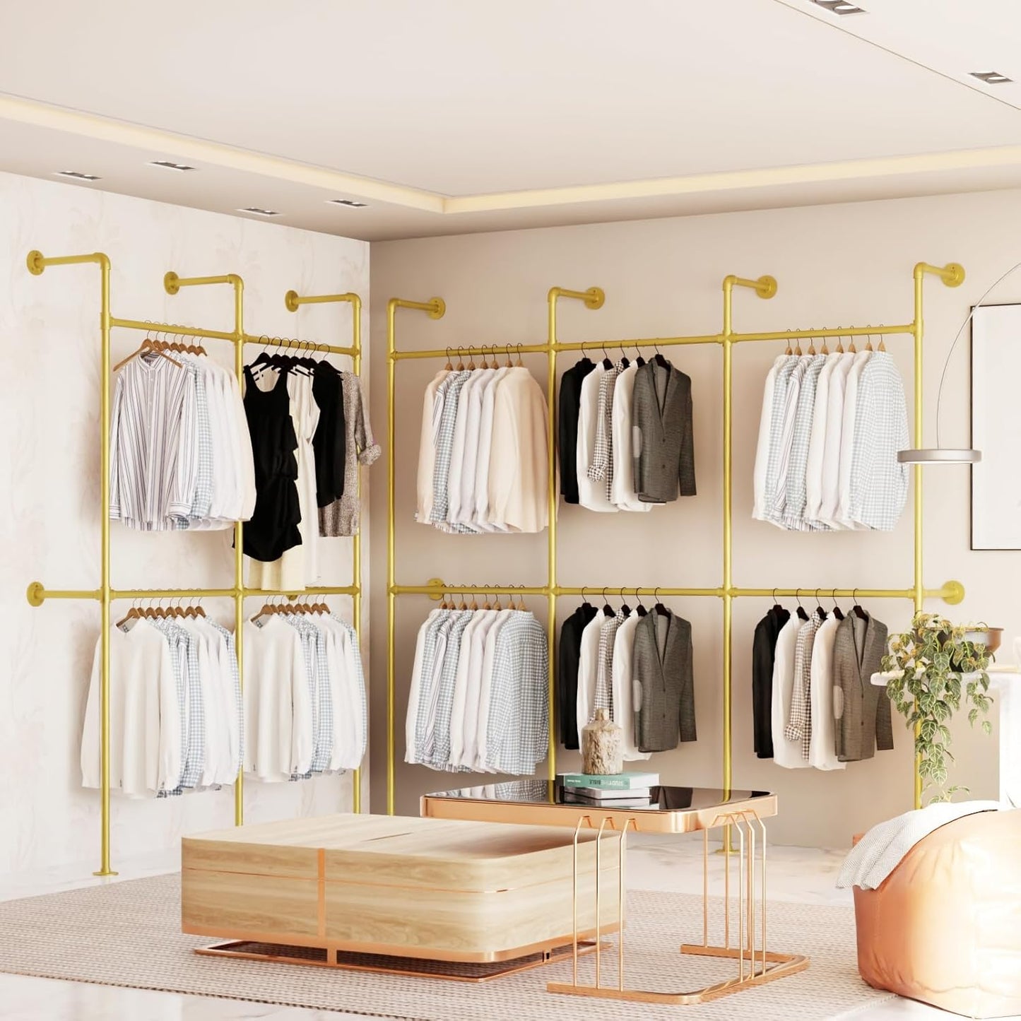 Industrial Pipe Gold Clothes Racks Wall Mounted, Rustic Gold Industrial Pipe Clothing Rack Design - Stylish & Heavy Duty Corner Garment Racks, Perfect for Home or Retail Display