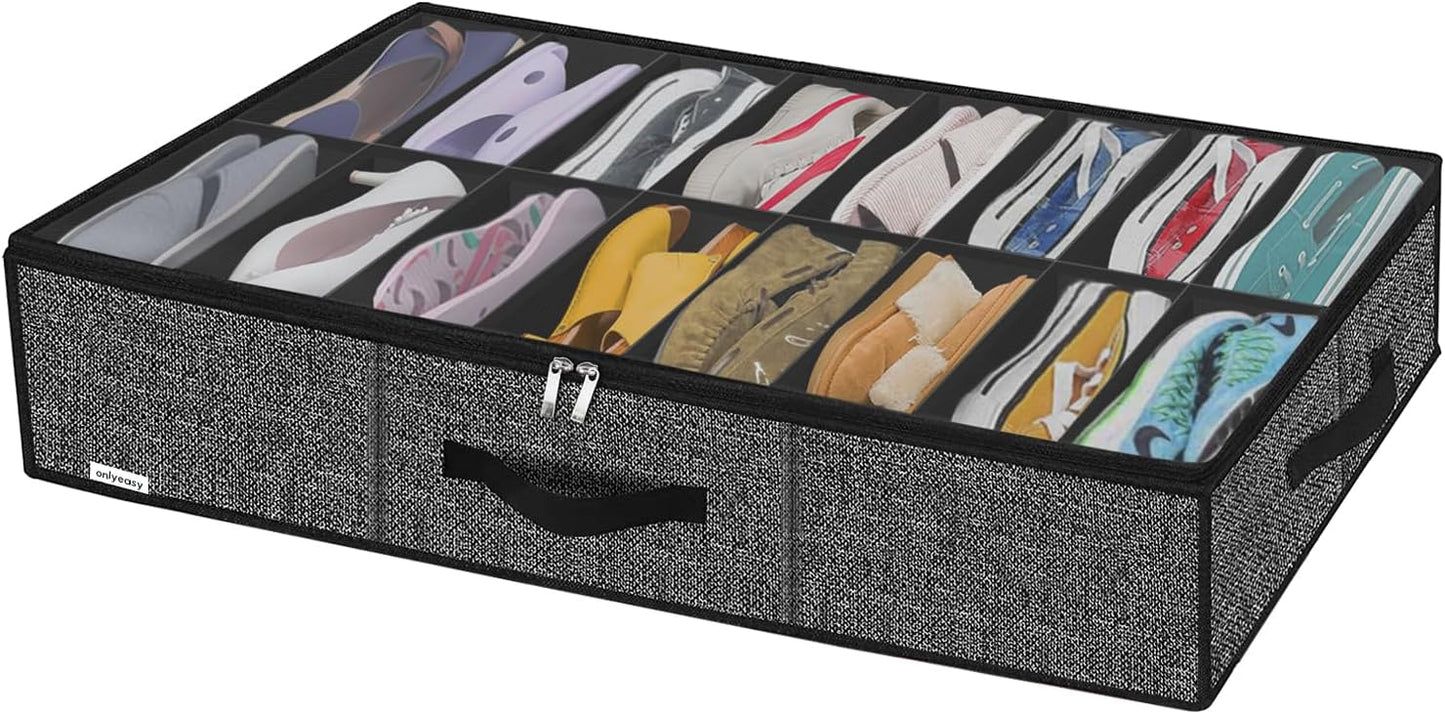 Onlyeasy Sturdy Under Bed Shoe Storage Organizer Fit 8 to 16 Pairs, Collapsible Closet Underbed Shoes Container Bags with Reinforced Handles, 37.7x23.6x5.9in, Linen-like Black, MXAUBS16P1