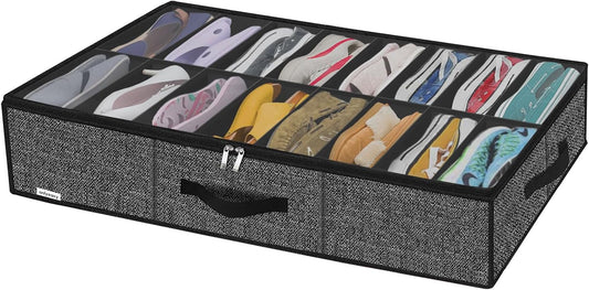 Onlyeasy Sturdy Under Bed Shoe Storage Organizer Fit 8 to 16 Pairs, Collapsible Closet Underbed Shoes Container Bags with Reinforced Handles, 37.7x23.6x5.9in, Linen-like Black, MXAUBS16P1